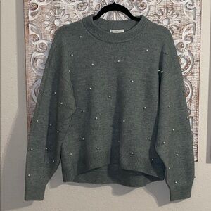 H&M Olive Green Pearl-Embellished Crewneck Sweater